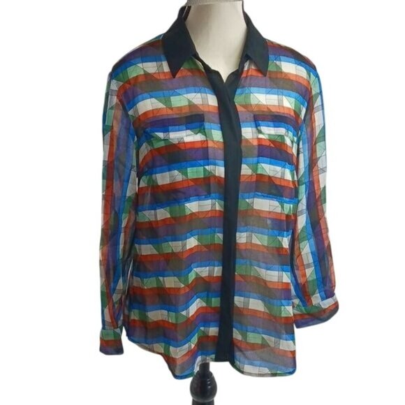 Rachel Roy Womens Size 6 Sheer Multicolor Stripe Button Front Blouse Top - Picture 1 of 8